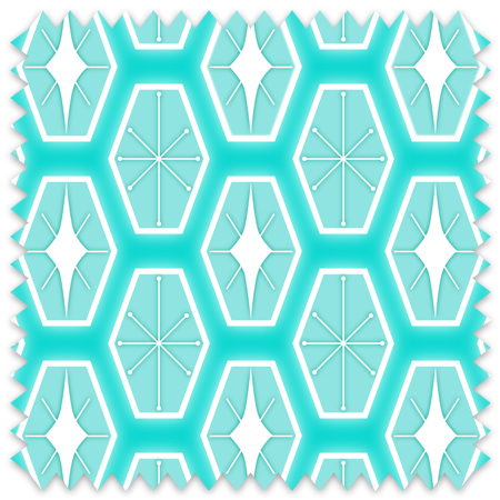 The artwork consists of a repeating geometric pattern featuring hexagonal shapes filled with two different designs. One design inside the hexagons includes a symmetrical starburst or asterisk-like figure with lines radiating from a central point, each line ending in a small circle. The other design features a white diamond shape with extended pointed ends within the teal hexagon. These hexagons are outlined with a white border and set against a soft pink background creating a vibrant, retro aesthetic. The use of teal, white, colors, along with the symmetrical arrangement, gives the pattern a mid-century modern, playful style.